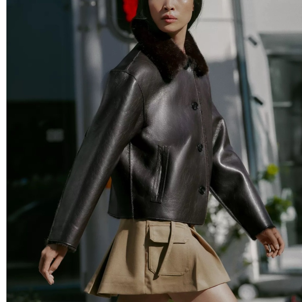 Dark Brown Double Faced Reversible Leather Jacket with Fur Collar - Women's Coat